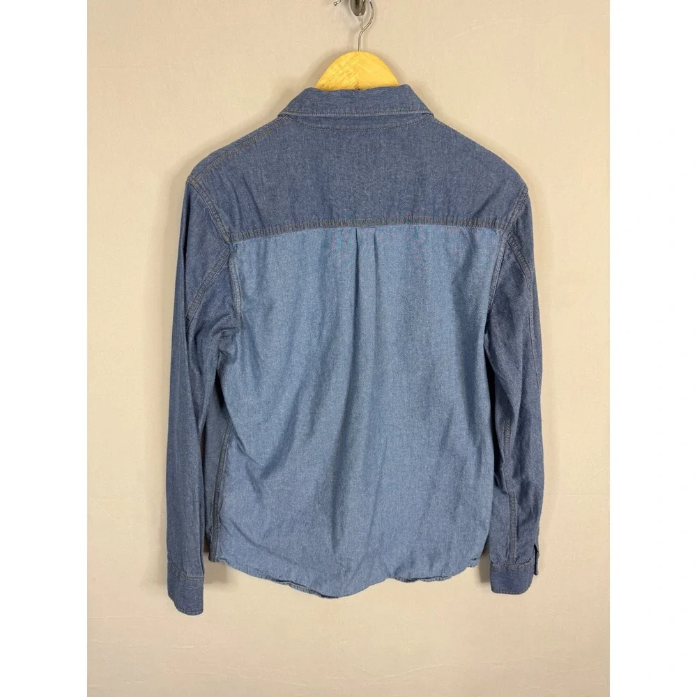 True‎ Religion Mens Two Tone Denim Utility Shirt Blue Colorblock Button Down M